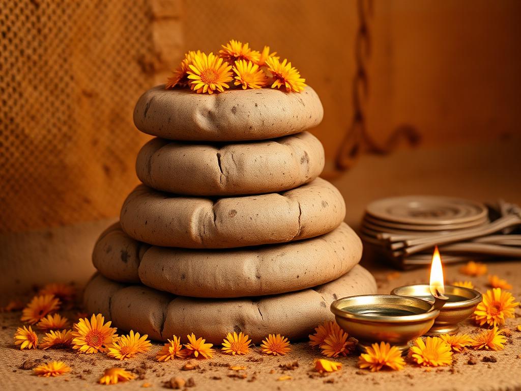 Stack of traditional Indian uple cow dung cakes for puja